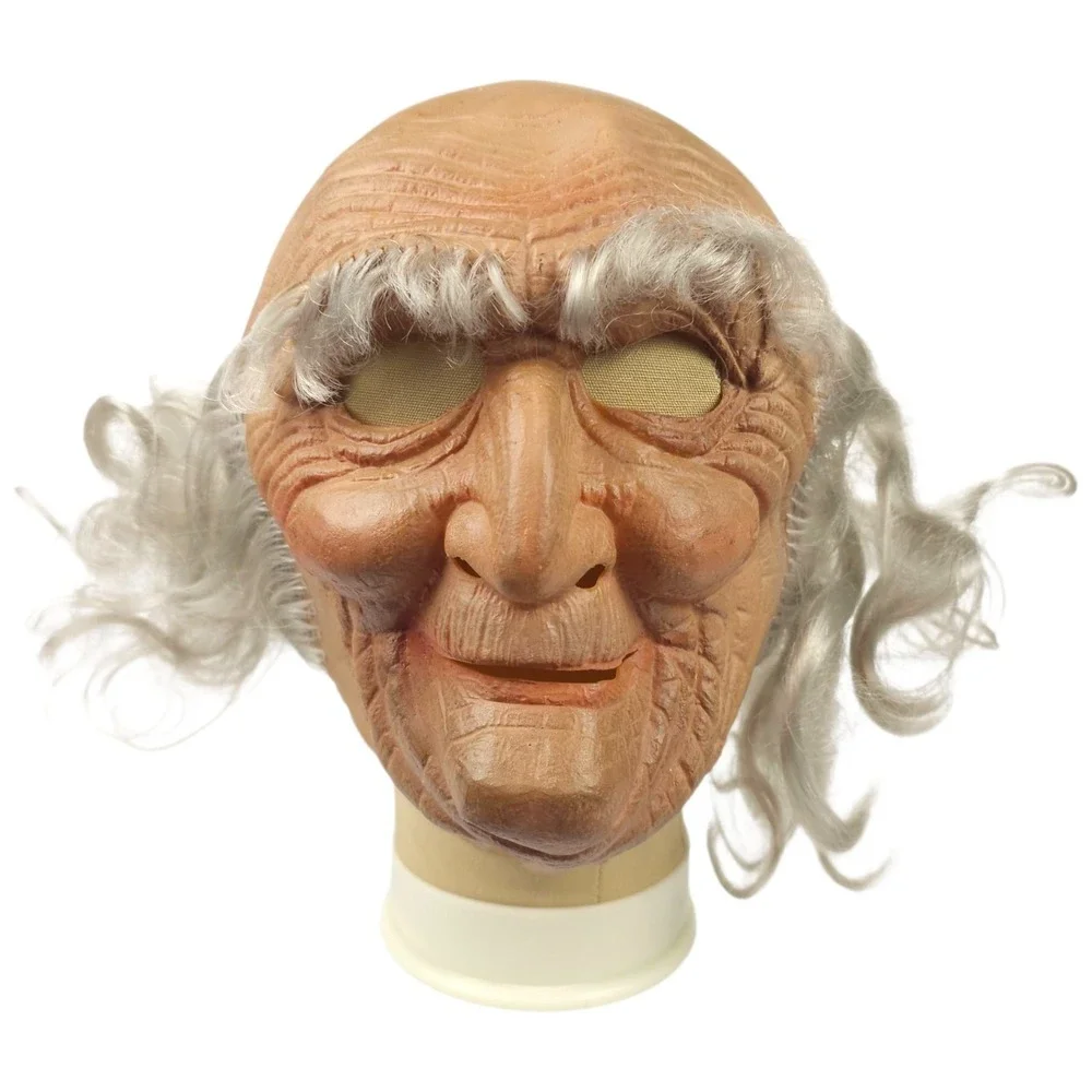 Vintage Old Man Latex Mask Grandfather Grey Hair Mesh Eyes Halloween Costume VTG